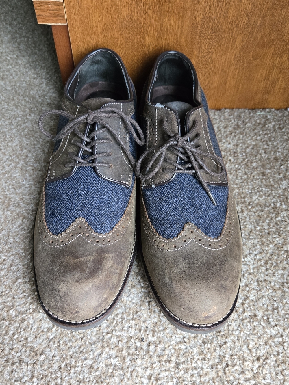 G.H. Bass & Co. Brown Suede and Blue Herringbone Wingtip Oxfords